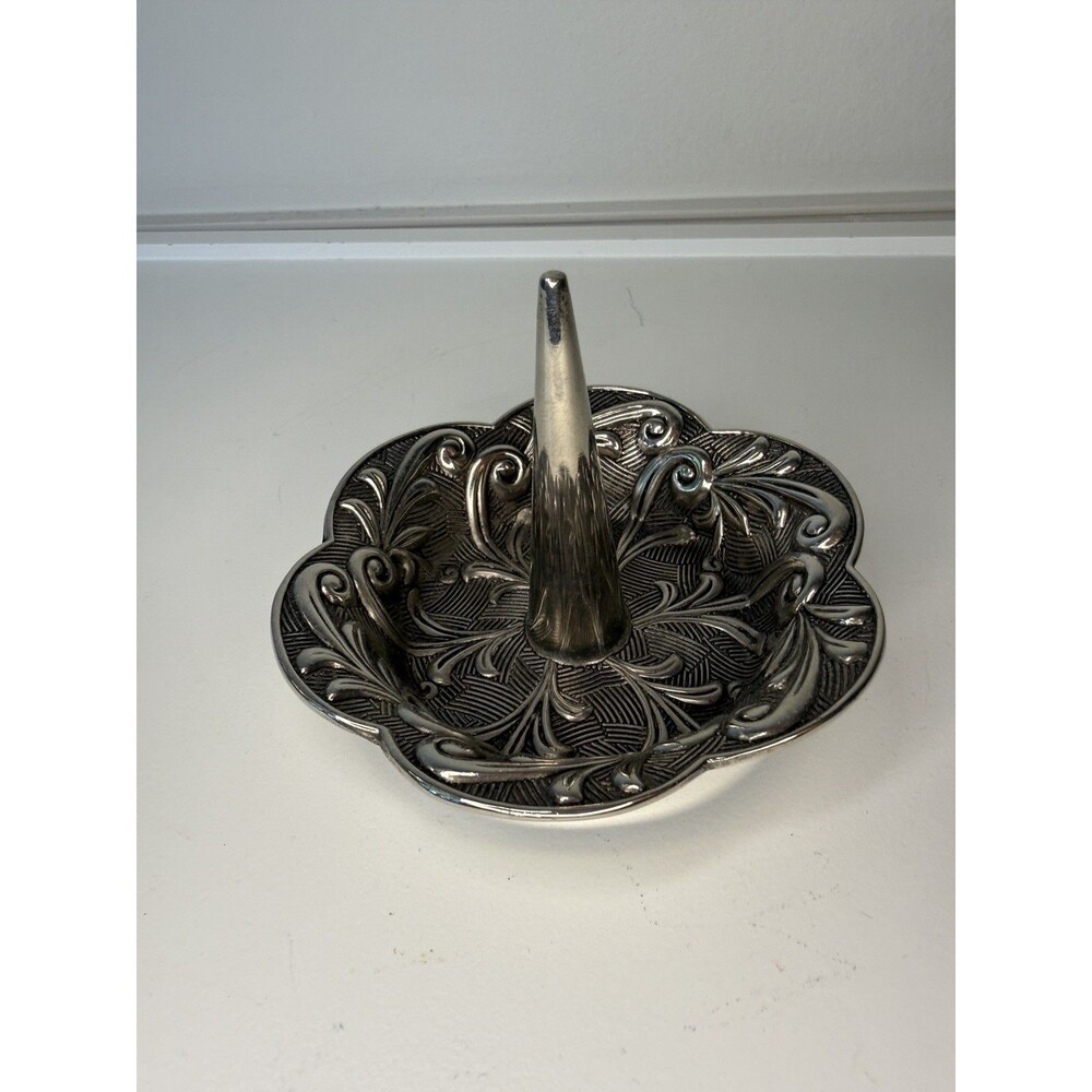 Vintage Silver-plated ring holder with ornate floral & scroll design by Godinger